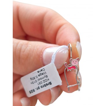 SREBRNE RODOWANE KOLCZYKI DZIECIĘCE WISZĄCE KOTY KOTKI 925